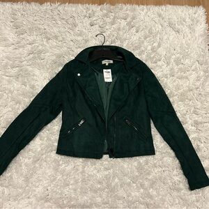 Charlotte Russe Green Leather Moto Jacket Cropped Notched Lapels